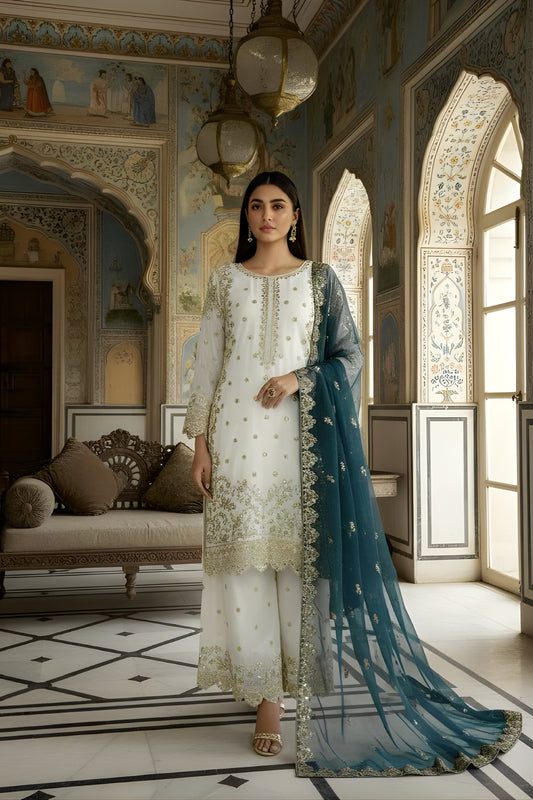 Awesome Off-White Fendy Silk Embroidered Straight Salwar Suit with Soft Net Teal Blue Dupatta