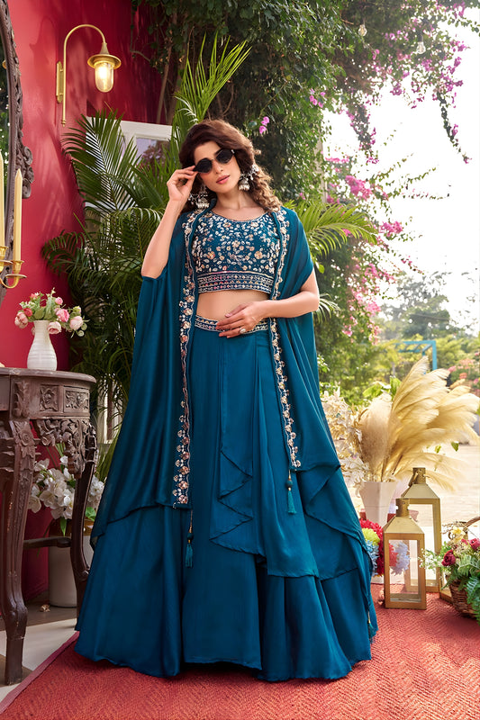 Elegant Teal Blue Vichitra Silk Lehenga Choli with Embroidered Blouse for Women