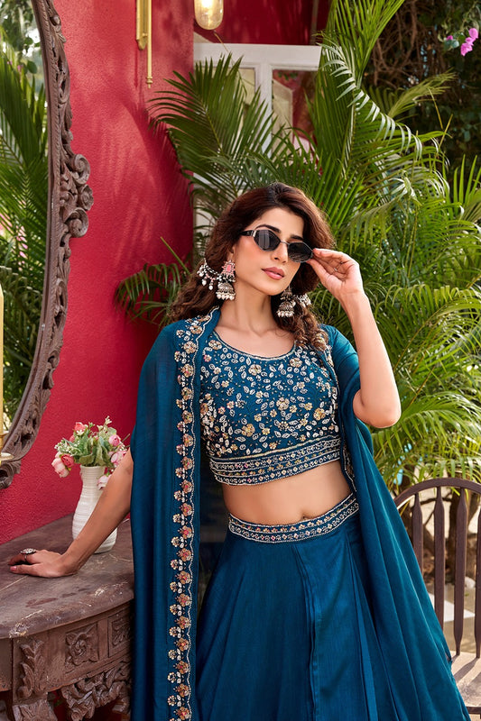 Elegant Teal Blue Vichitra Silk Lehenga Choli with Embroidered Blouse for Women