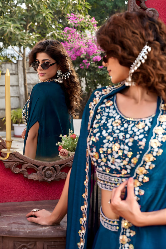 Elegant Teal Blue Vichitra Silk Lehenga Choli with Embroidered Blouse for Women