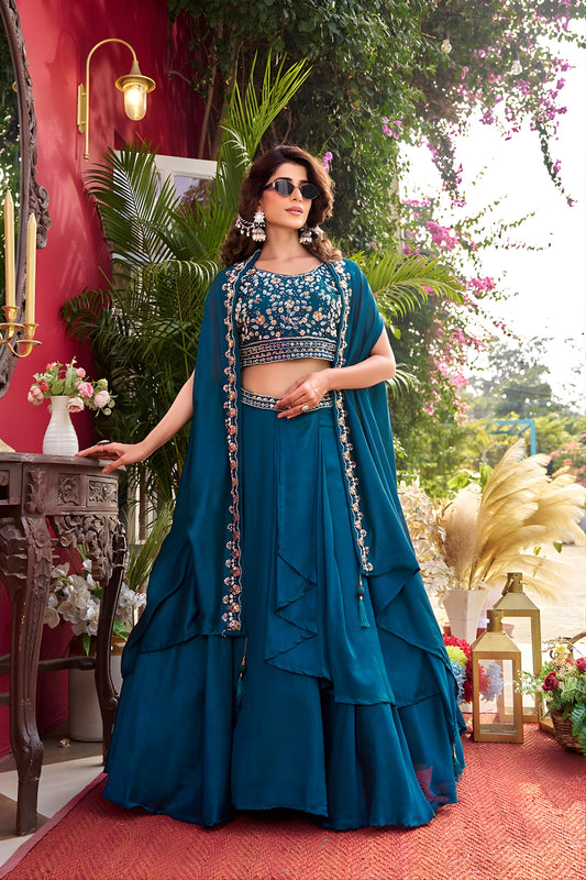 Elegant Teal Blue Vichitra Silk Lehenga Choli with Embroidered Blouse for Women