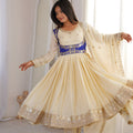 Elegant Cream Chinon Silk Anarkali Suit with Blue Embroidered Koti and Dupatta