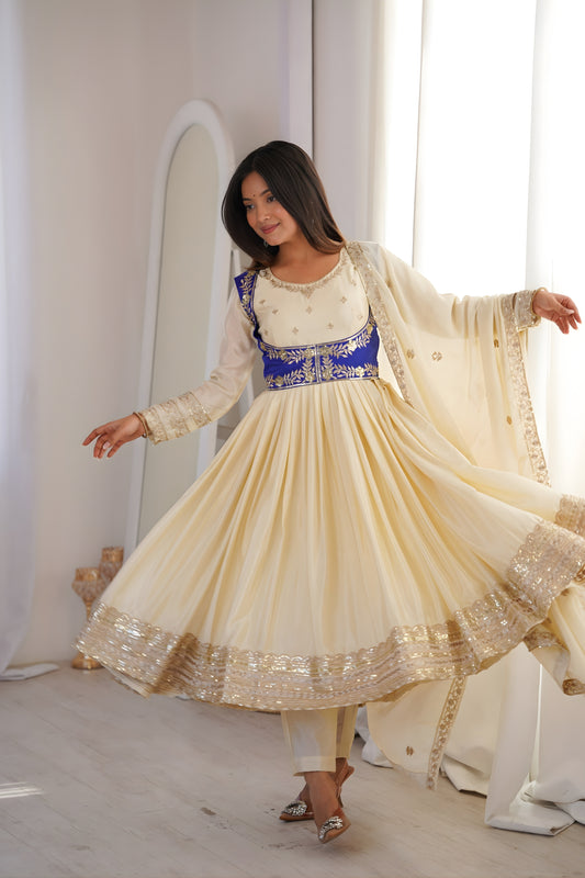 Elegant Cream Chinon Silk Anarkali Suit with Blue Embroidered Koti and Dupatta