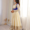 Elegant Cream Chinon Silk Anarkali Suit with Blue Embroidered Koti and Dupatta