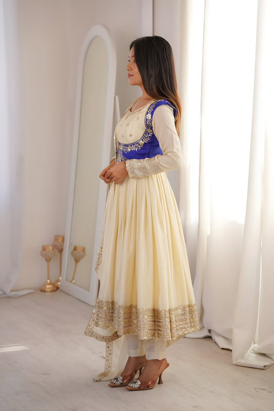 Elegant Cream Chinon Silk Anarkali Suit with Blue Embroidered Koti and Dupatta
