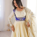 Elegant Cream Chinon Silk Anarkali Suit with Blue Embroidered Koti and Dupatta
