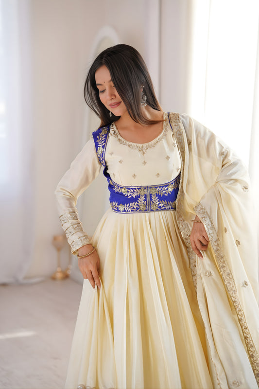 Elegant Cream Chinon Silk Anarkali Suit with Blue Embroidered Koti and Dupatta