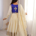 Elegant Cream Chinon Silk Anarkali Suit with Blue Embroidered Koti and Dupatta