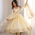 Elegant Cream Chinon Silk Anarkali Suit with Blue Embroidered Koti and Dupatta