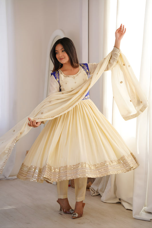 Elegant Cream Chinon Silk Anarkali Suit with Blue Embroidered Koti and Dupatta