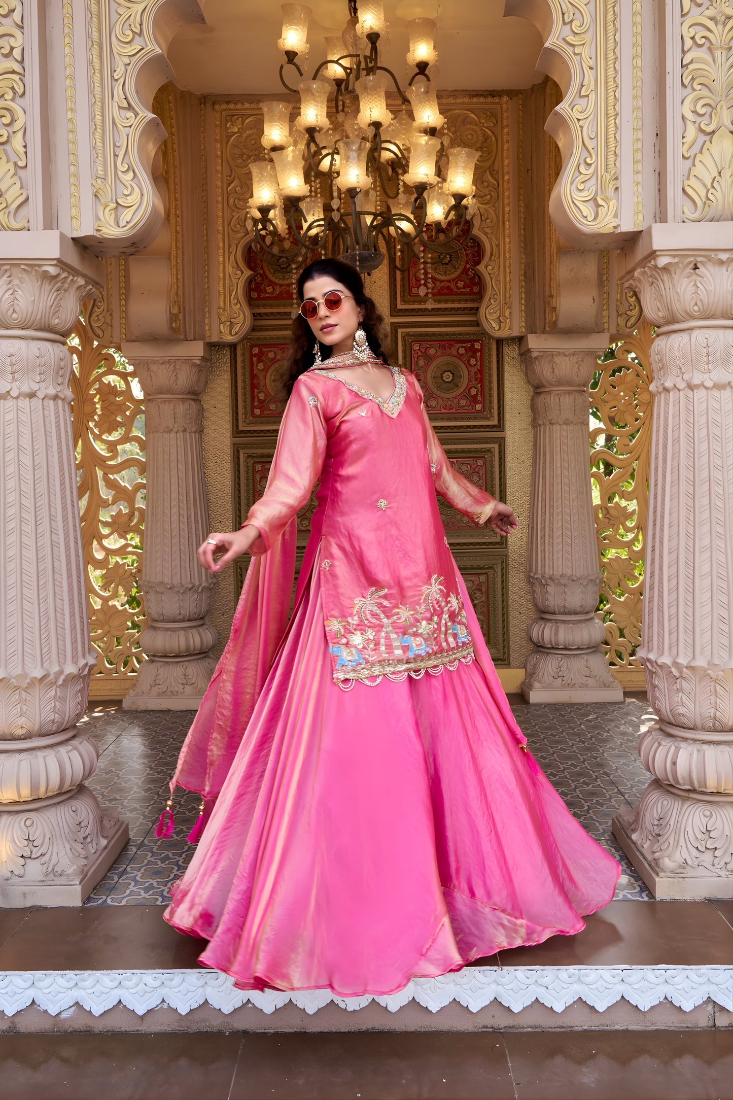 Elegant Rani Pink Embroidered Indo Western Lehenga Choli with Dupatta for Women