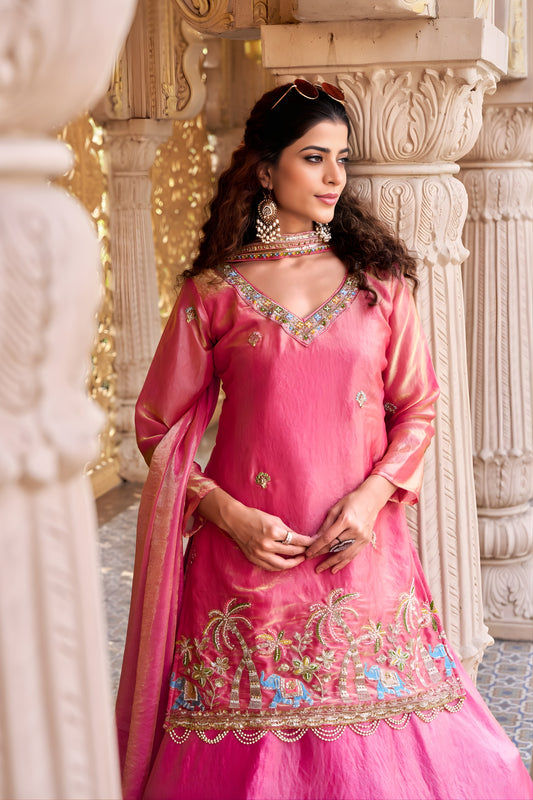 Elegant Rani Pink Embroidered Indo Western Lehenga Choli with Dupatta for Women