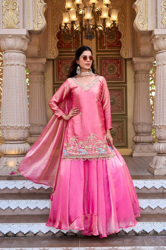 Elegant Rani Pink Embroidered Indo Western Lehenga Choli with Dupatta for Women
