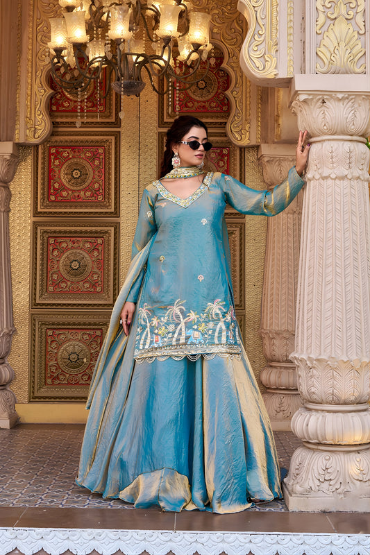 Stunning Teal Blue Embroidered Indo Western Lehenga Choli with Dupatta for Women
