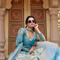 Stunning Teal Blue Embroidered Indo Western Lehenga Choli with Dupatta for Women