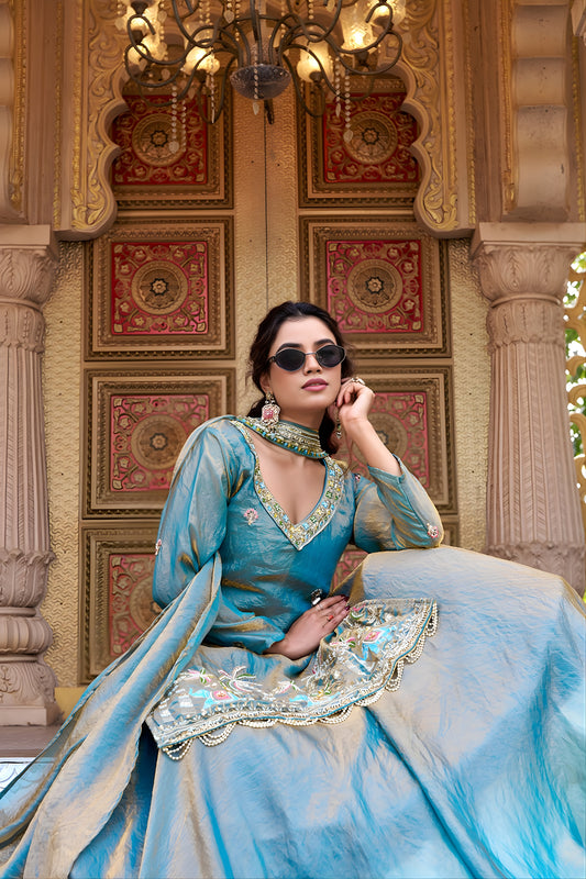 Stunning Teal Blue Embroidered Indo Western Lehenga Choli with Dupatta for Women