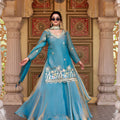 Stunning Teal Blue Embroidered Indo Western Lehenga Choli with Dupatta for Women
