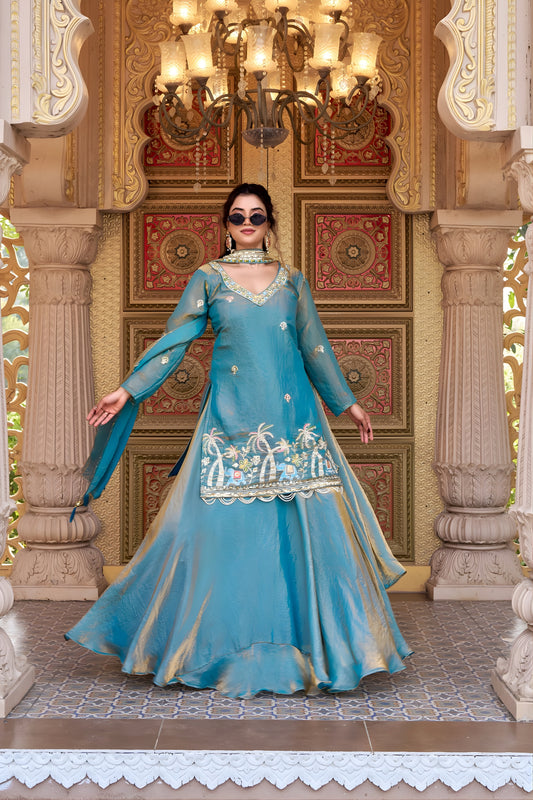 Stunning Teal Blue Embroidered Indo Western Lehenga Choli with Dupatta for Women