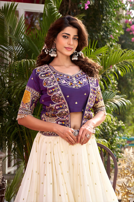 Elegant Purple Vichitra Silk Embroidered Wedding Wear Lehenga Choli with Koti