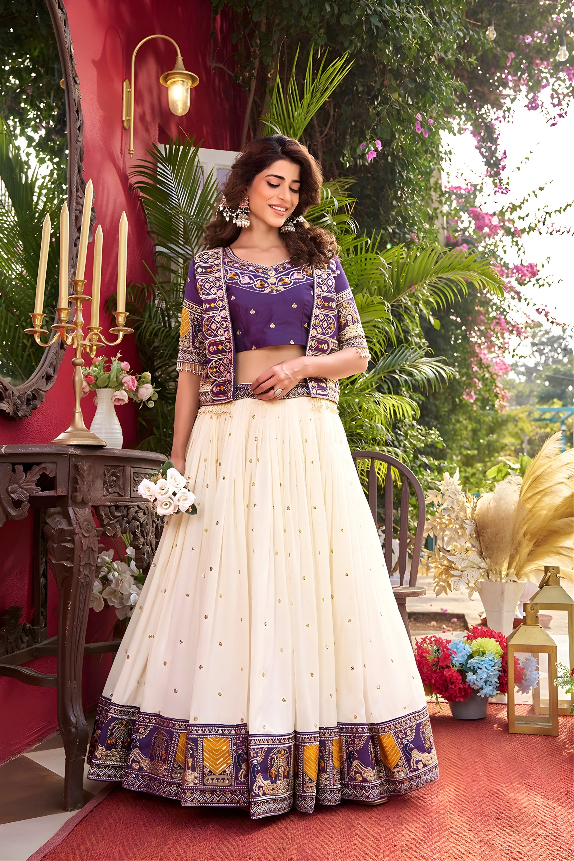 Elegant Purple Vichitra Silk Embroidered Wedding Wear Lehenga Choli with Koti