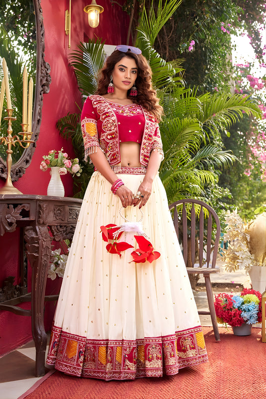 Fancy Red Vichitra Silk Embroidered Wedding Wear Lehenga Choli with Koti