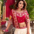 Fancy Red Vichitra Silk Embroidered Wedding Wear Lehenga Choli with Koti