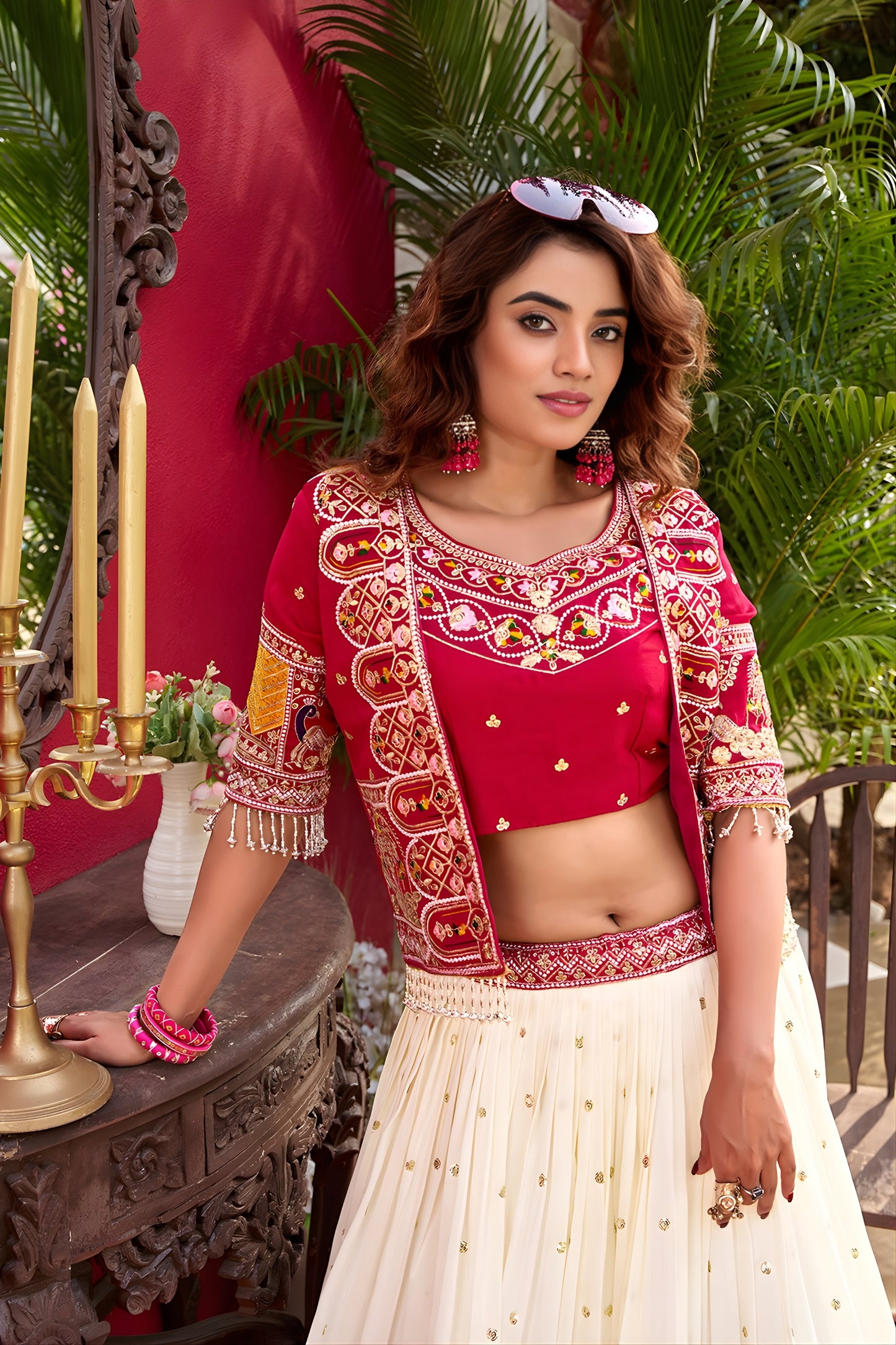 Fancy Red Vichitra Silk Embroidered Wedding Wear Lehenga Choli with Koti