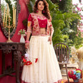 Fancy Red Vichitra Silk Embroidered Wedding Wear Lehenga Choli with Koti