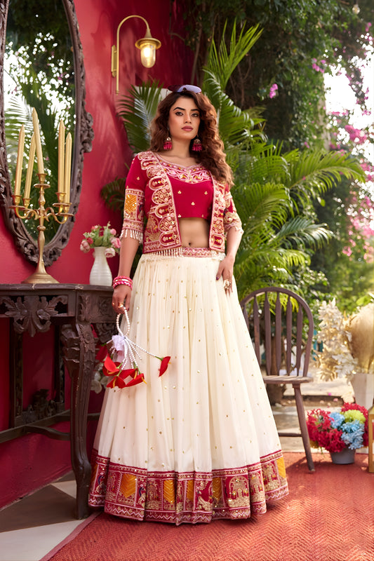 Fancy Red Vichitra Silk Embroidered Wedding Wear Lehenga Choli with Koti