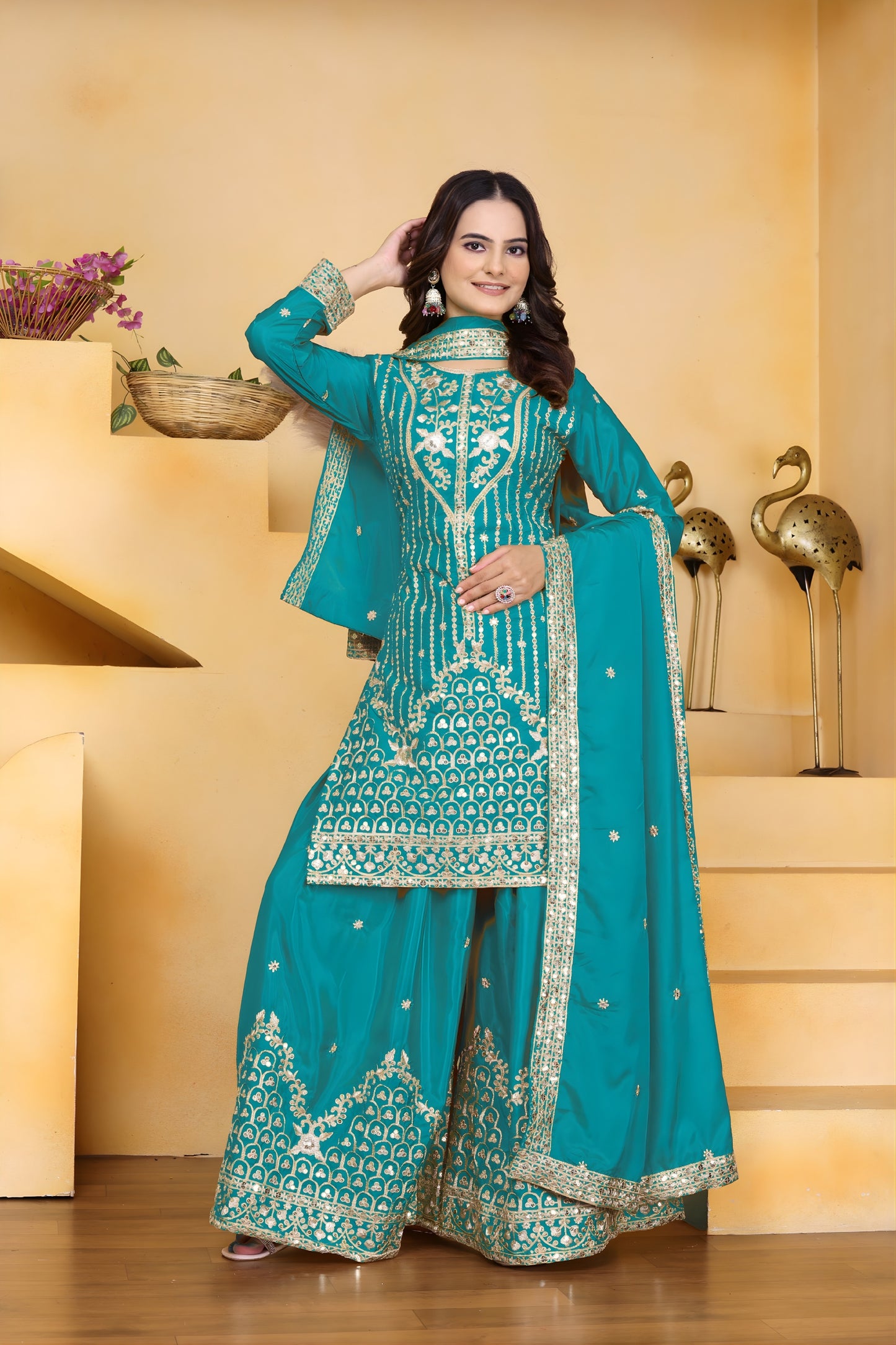 Elegant Teal Green Crepe Embroidered Palazzo Suit with Dupatta for Women