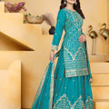Elegant Teal Green Crepe Embroidered Palazzo Suit with Dupatta for Women