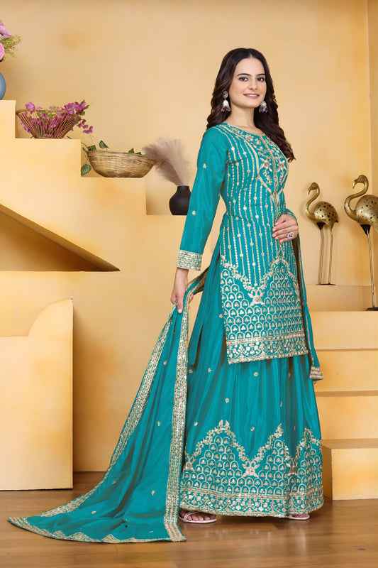 Elegant Teal Green Crepe Embroidered Palazzo Suit with Dupatta for Women