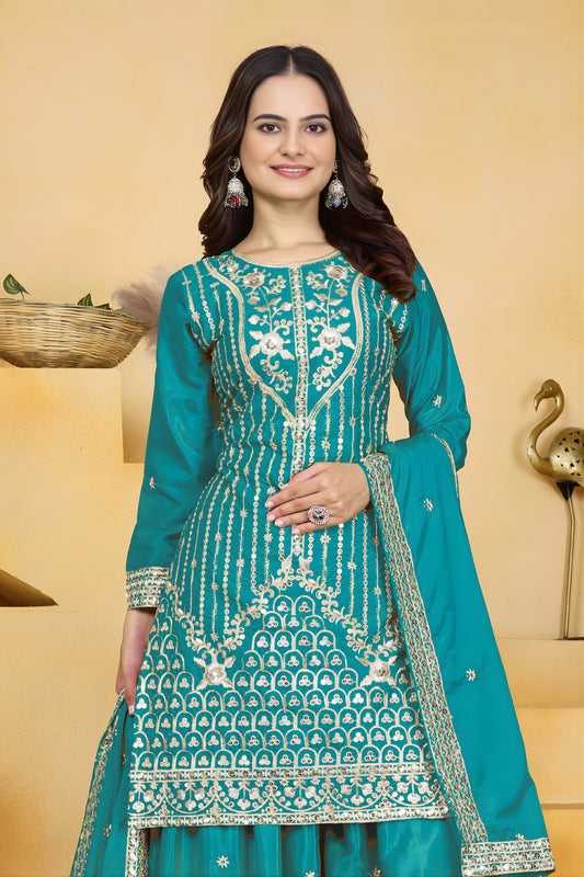 Elegant Teal Green Crepe Embroidered Palazzo Suit with Dupatta for Women
