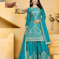 Elegant Teal Green Crepe Embroidered Palazzo Suit with Dupatta for Women