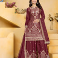 Trendy Wine Crepe Embroidered Palazzo Suit with Dupatta for Women