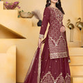Trendy Wine Crepe Embroidered Palazzo Suit with Dupatta for Women