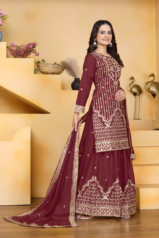 Trendy Wine Crepe Embroidered Palazzo Suit with Dupatta for Women