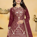 Trendy Wine Crepe Embroidered Palazzo Suit with Dupatta for Women