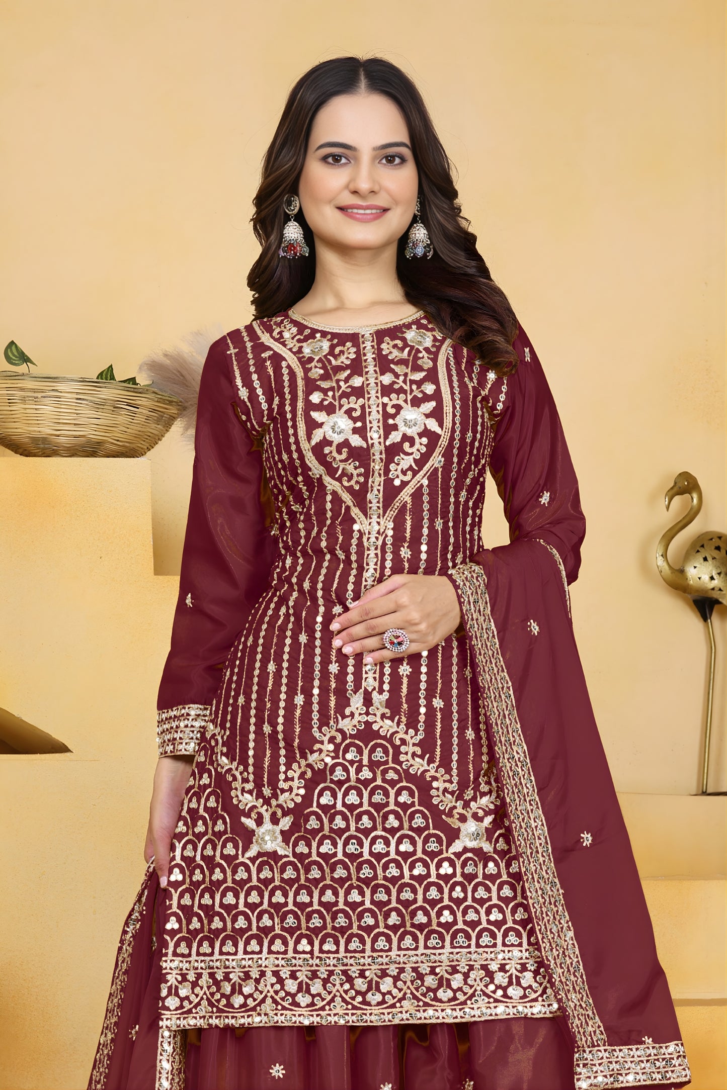 Trendy Wine Crepe Embroidered Palazzo Suit with Dupatta for Women