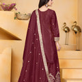 Trendy Wine Crepe Embroidered Palazzo Suit with Dupatta for Women