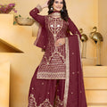 Trendy Wine Crepe Embroidered Palazzo Suit with Dupatta for Women