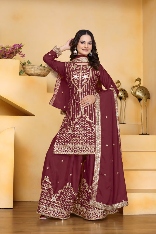 Trendy Wine Crepe Embroidered Palazzo Suit with Dupatta for Women