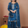 Awesome Navy Blue Vichitra Silk Embroidered Palazzo Suit with Dupatta for Women