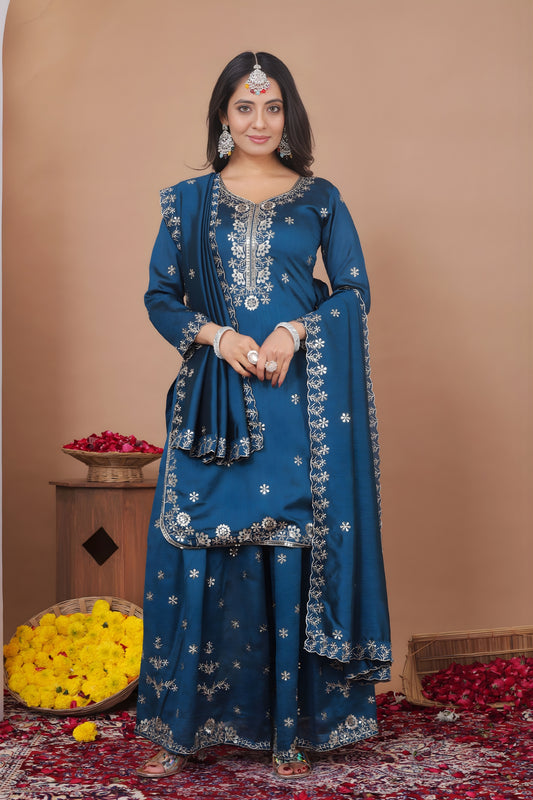 Awesome Navy Blue Vichitra Silk Embroidered Palazzo Suit with Dupatta for Women