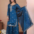 Awesome Navy Blue Vichitra Silk Embroidered Palazzo Suit with Dupatta for Women
