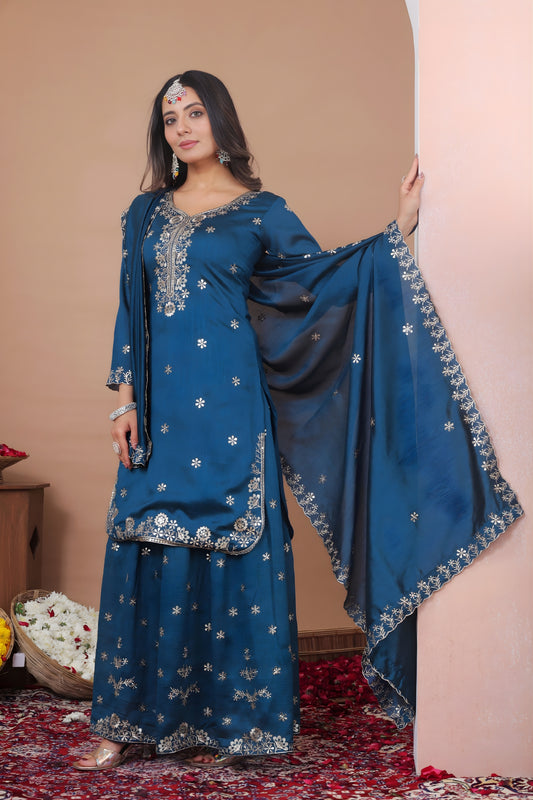 Awesome Navy Blue Vichitra Silk Embroidered Palazzo Suit with Dupatta for Women