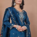 Awesome Navy Blue Vichitra Silk Embroidered Palazzo Suit with Dupatta for Women