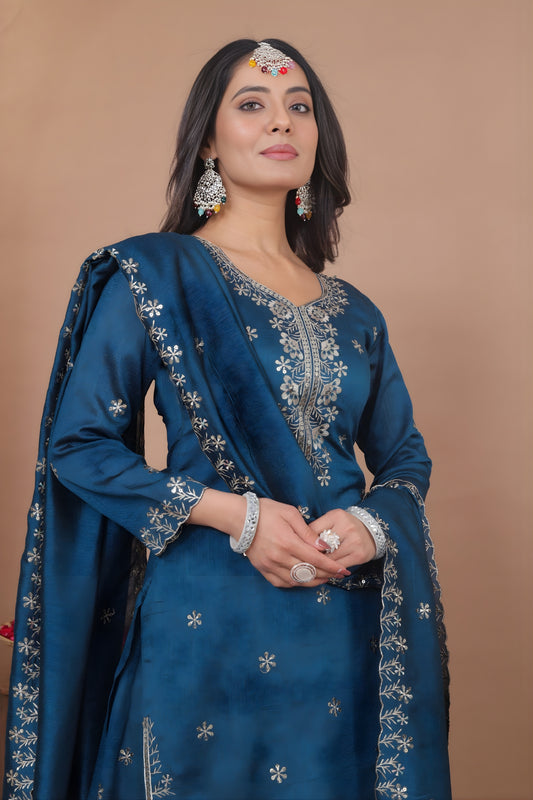 Awesome Navy Blue Vichitra Silk Embroidered Palazzo Suit with Dupatta for Women