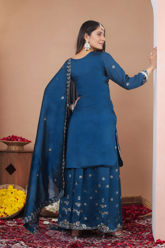 Awesome Navy Blue Vichitra Silk Embroidered Palazzo Suit with Dupatta for Women