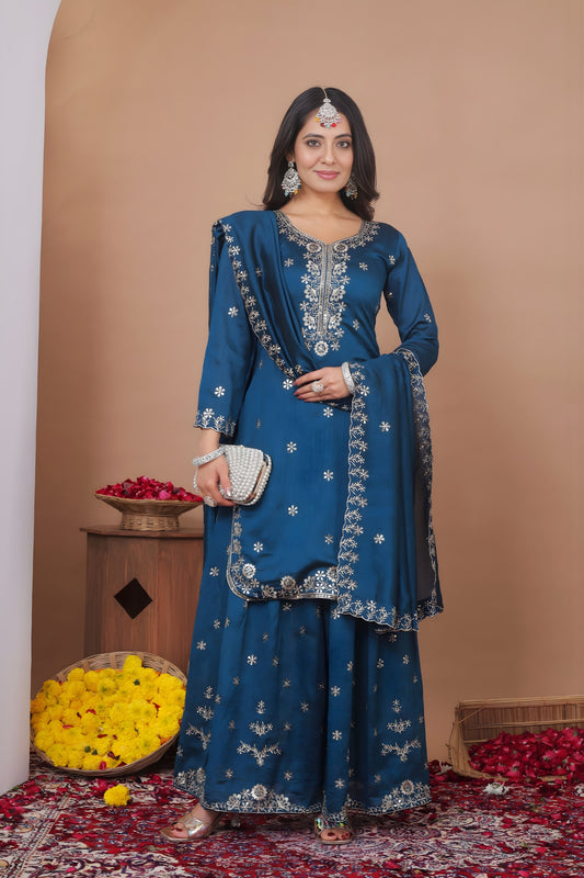 Awesome Navy Blue Vichitra Silk Embroidered Palazzo Suit with Dupatta for Women